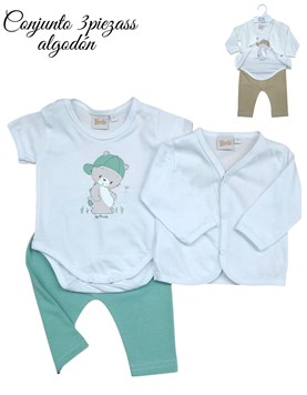 Conjunto saquito manga larga, body manga corta y pantalon estampa osito. Picolo