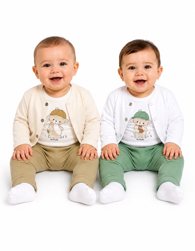 Conjunto saquito manga larga, body manga corta y pantalon estampa osito. Picolo