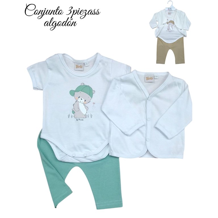 Conjunto saquito manga larga, body manga corta y pantalon estampa osito. Picolo