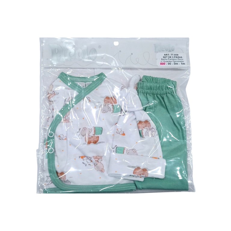 CONJUNTO PARA BEBES ALGODON 3 PIEZAS BATITA MANGA LARGA PANTALON CON GUANTE Y GORRO PICCOLO