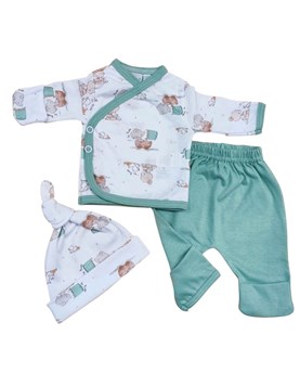 Conjunto para bebes algodon 3 piezas batita manga larga pantalon , guante y gorro piccolo