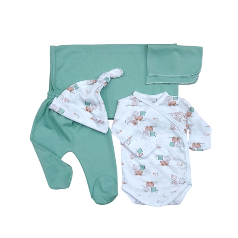 SET 5 PZS BATITA MANGA LARGA, PANTALÓN CON PIE, GORRO, MANTILLA Y BATITA. PICOLO