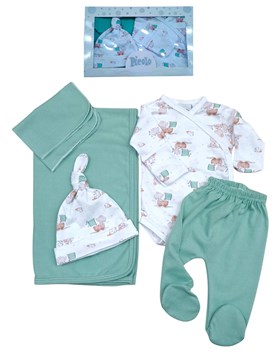 SET 5 PZS BATITA MANGA LARGA, PANTALÓN CON PIE, GORRO, MANTILLA Y BATITA. PICOLO