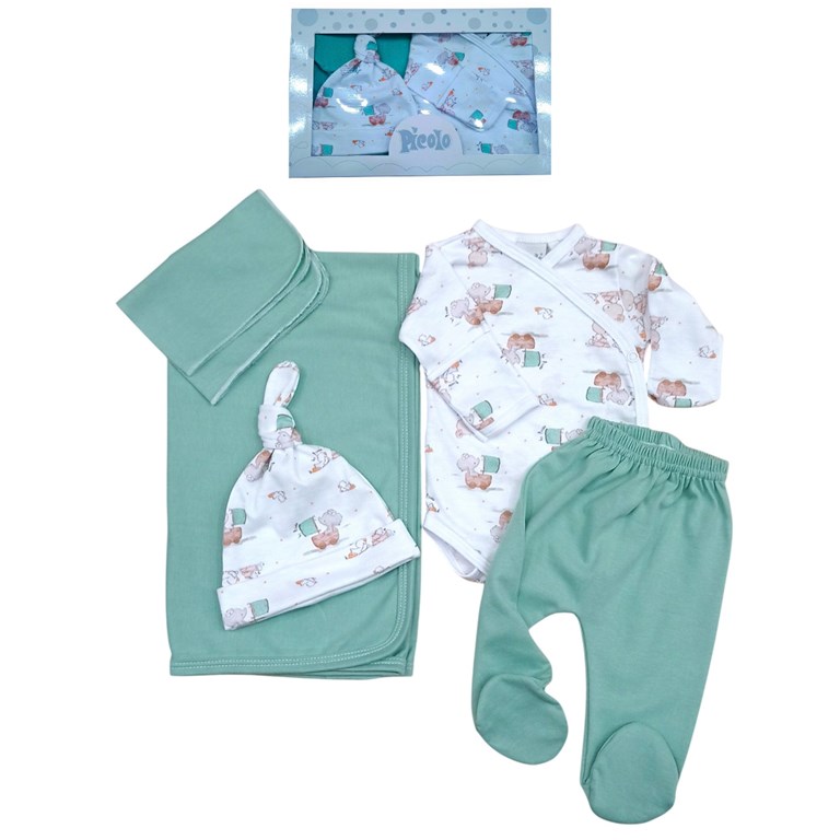 SET 5 PZS BATITA MANGA LARGA, PANTALÓN CON PIE, GORRO, MANTILLA Y BATITA. PICOLO