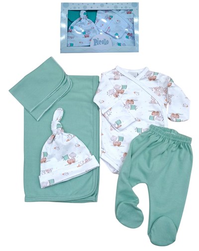 SET 5 PZS BODY MANGA LARGA, PANTALÓN CON PIE, GORRO, MANTILLA Y BABITA. PICOLO
