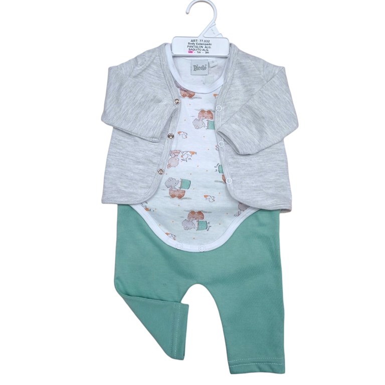 conjunto de saquito manga larga body manga corta y pantalon estampa elefantes piccolo