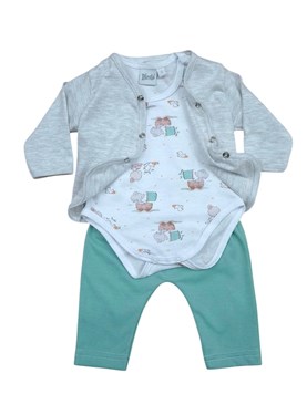 conjunto de saquito manga larga body manga corta y pantalon estampa elefantes piccolo
