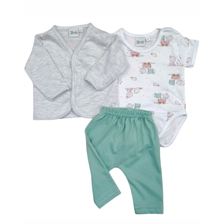 conjunto de saquito manga larga body manga corta y pantalon estampa elefantes piccolo