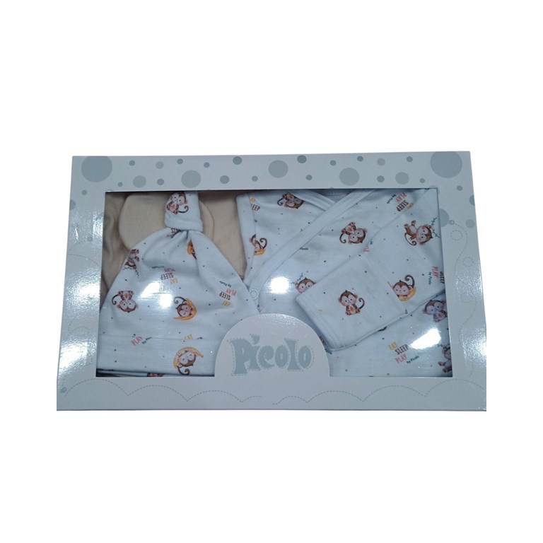 Set de 5 piezas bebes con mantilla body abierto pantalon con pie gorro y babita monitos piccolo