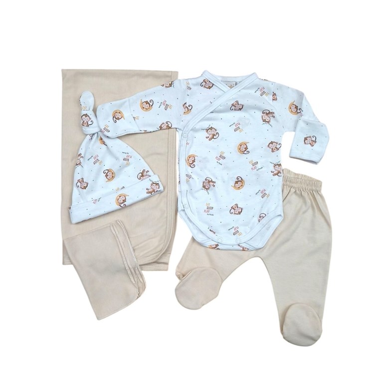 Set de 5 piezas bebes con mantilla body abierto pantalon con pie gorro y babita monitos piccolo