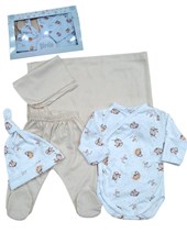 Set de 5 piezas bebes con mantilla body abierto pantalon con pie gorro y babita monitos piccolo