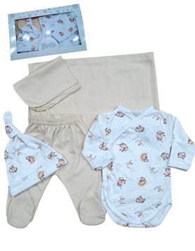 Set de 5 piezas bebes con mantilla body abierto pantalon con pie gorro y babita monitos piccolo