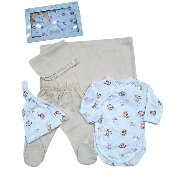 Set de 5 piezas bebes con mantilla body abierto pantalon con pie gorro y babita monitos piccolo