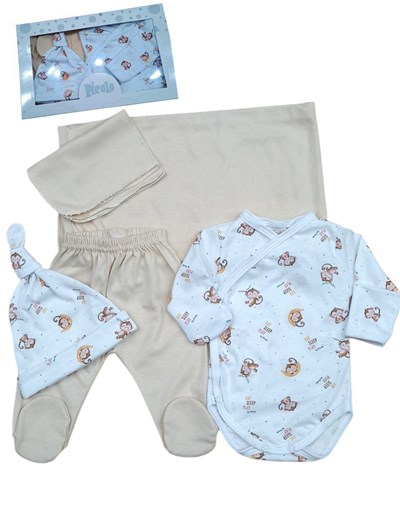 Set de 5 piezas bebes con mantilla body manga larga pantalon con pie gorro y babita. Piccolo