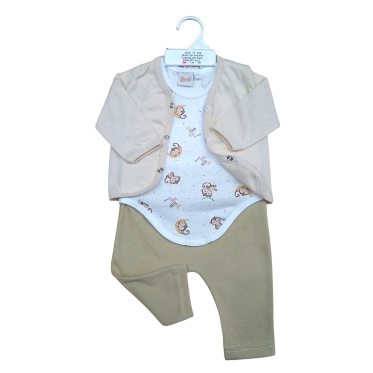 Conjunto de saquito mnga larga body manga corta y pantalon estampado monitos piccolo
