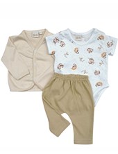 Conjunto de saquito mnga larga body manga corta y pantalon estampado monitos piccolo