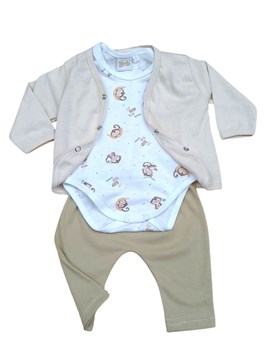Conjunto de saquito mnga larga body manga corta y pantalon estampado monitos piccolo