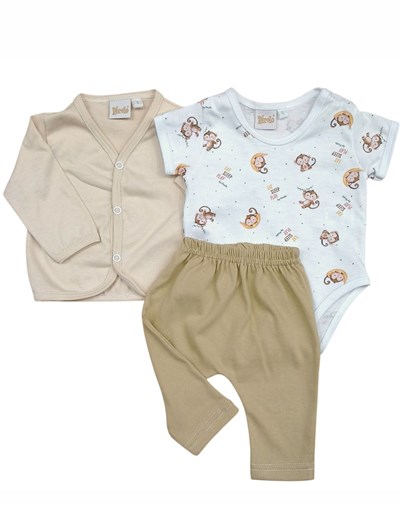 Conjunto de saquito mnga larga body manga corta y pantalon estampado monitos piccolo