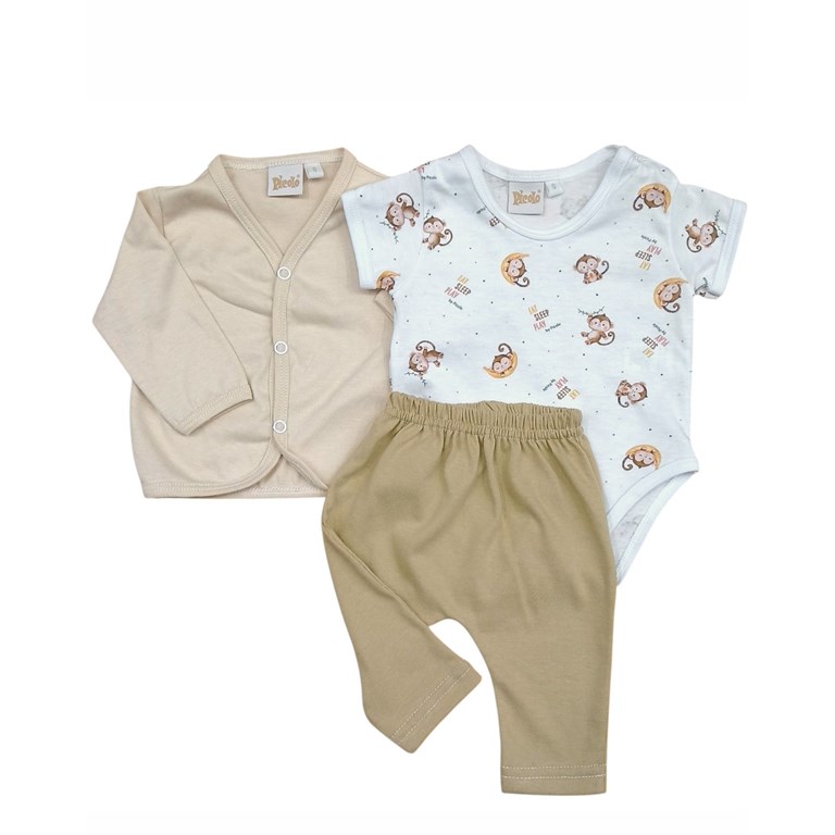 Conjunto de saquito mnga larga body manga corta y pantalon estampado monitos piccolo