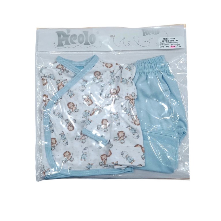 Conjunto de 3 piezas para bebes con batita pantalon, guantes y gorro estampado leones y patos piccolo