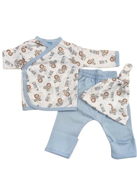 Conjunto de 3 piezas para bebes con batita pantalon, guantes y gorro estampado leones y patos piccolo