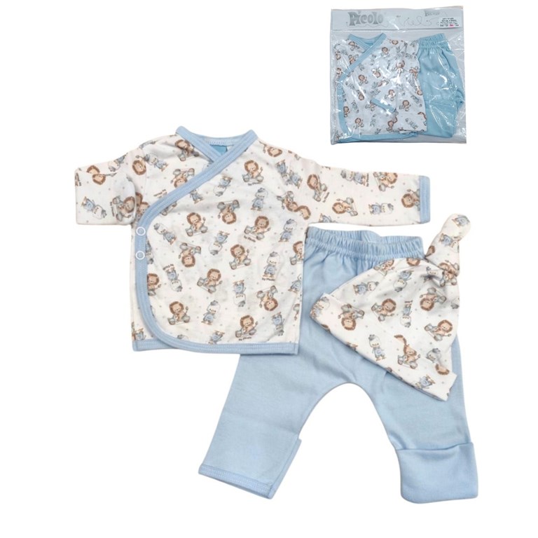 Conjunto de 3 piezas para bebes con batita pantalon, guantes y gorro estampado leones y patos piccolo