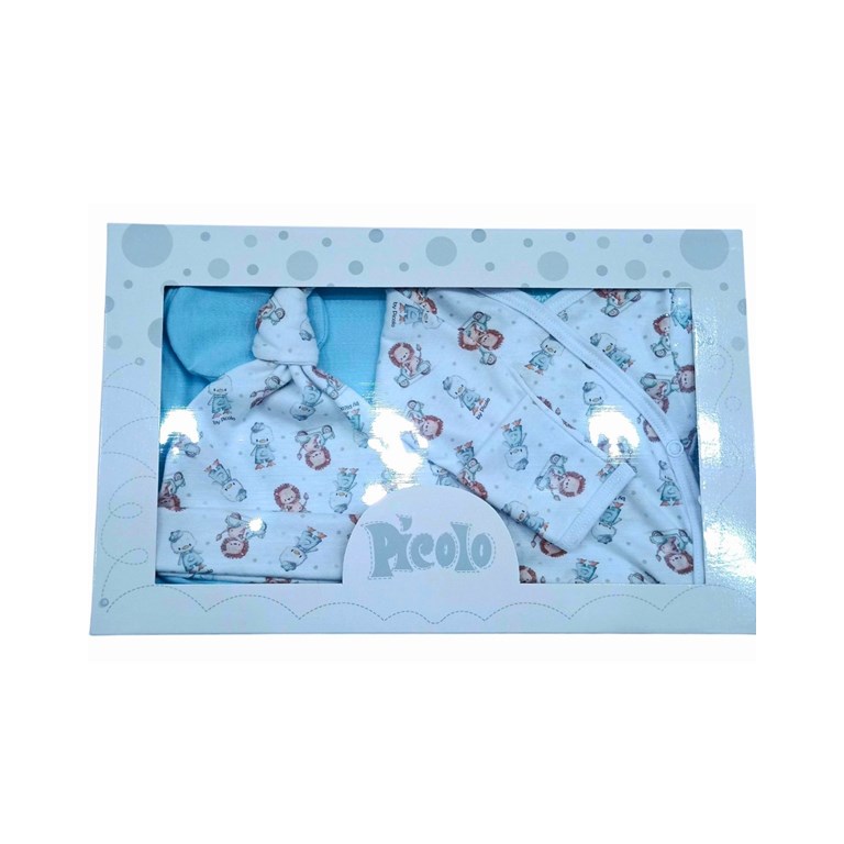 Set de 5 pzas mantilla body abierto pantalon con pie gorro y babita piccolo