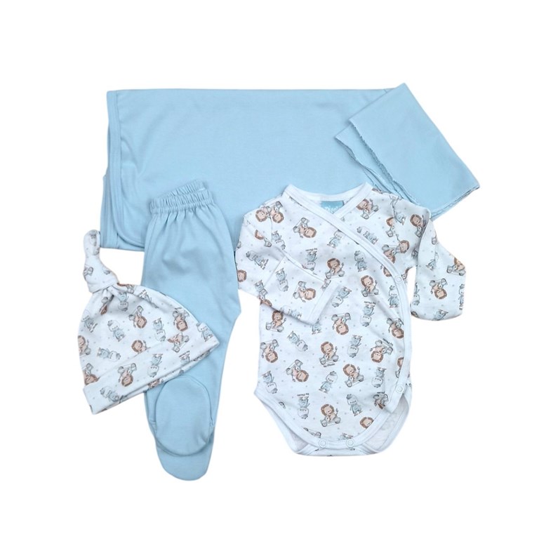 Set de 5 pzas mantilla body abierto pantalon con pie gorro y babita piccolo