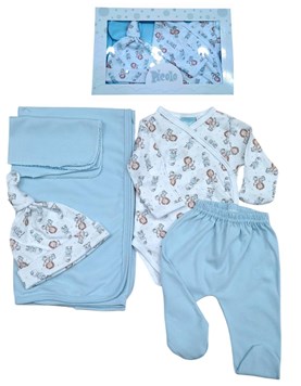 Set de 5 pzas mantilla body abierto pantalon con pie gorro y babita piccolo