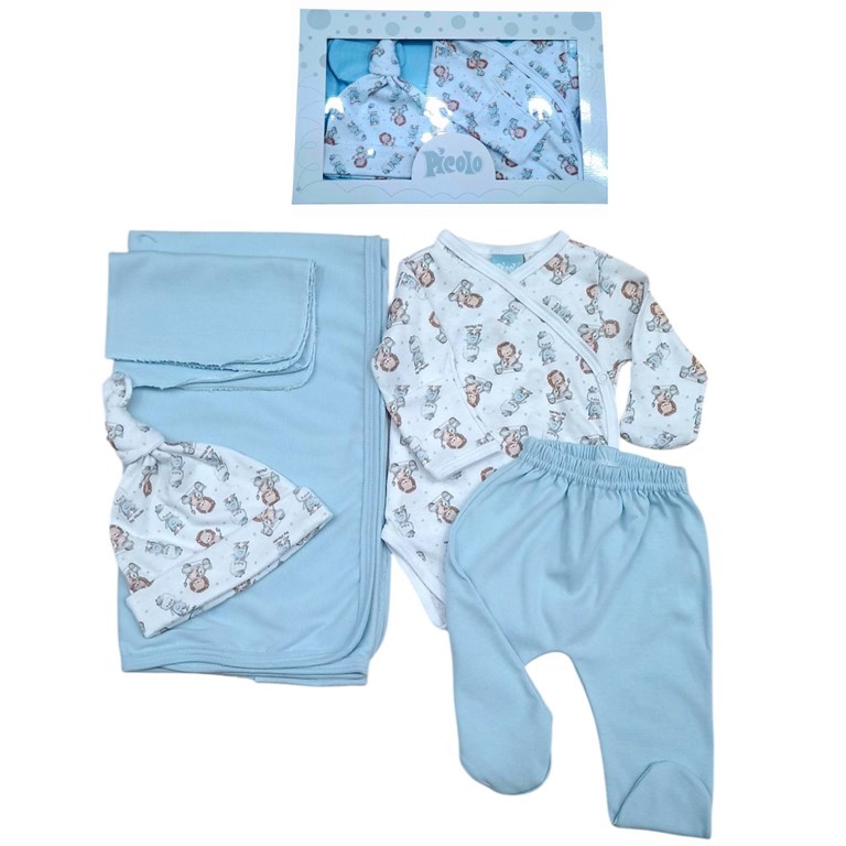 Set de 5 pzas mantilla body abierto pantalon con pie gorro y babita piccolo