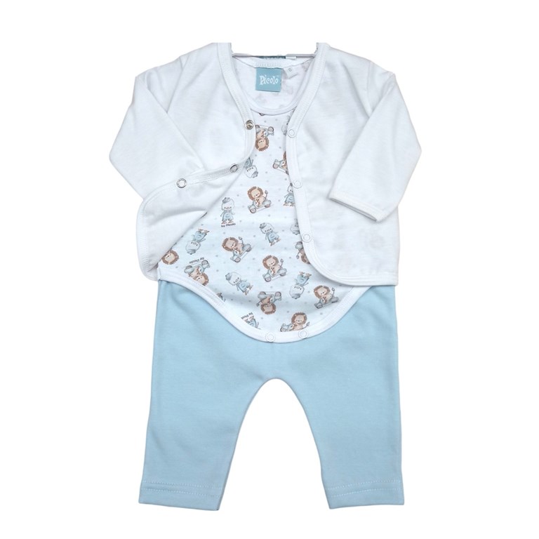 Conjunto de saquito manga larga body manga corta y pantalon con estampa de patitos y leones piccolo