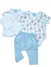 Conjunto de saquito manga larga body manga corta y pantalon con estampa de patitos y leones piccolo