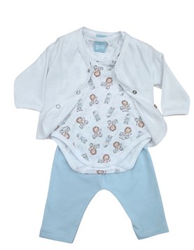 Conjunto de saquito manga larga body manga corta y pantalon con estampa de patitos y leones piccolo