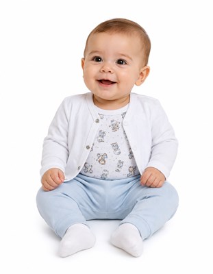 Conjunto de saquito manga larga body manga corta y pantalon con estampa de patitos y leones piccolo