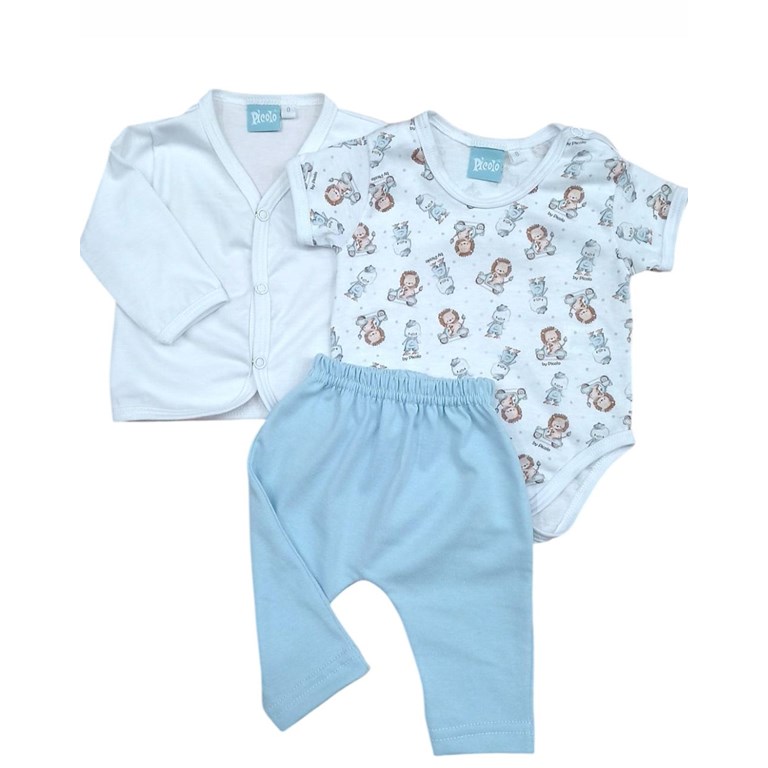 Conjunto de saquito manga larga body manga corta y pantalon con estampa de patitos y leones piccolo