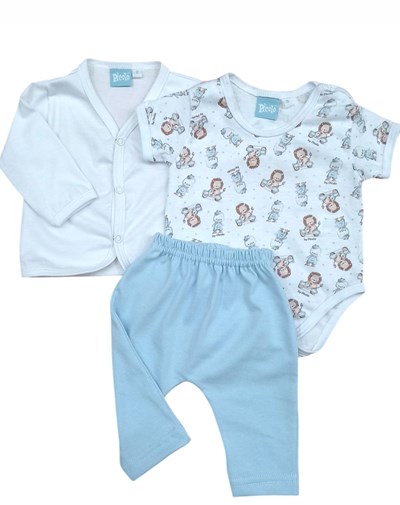 Conjunto de saquito manga larga body manga corta y pantalon con estampa de patitos y leones piccolo