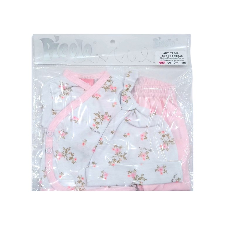 Conjunto de 3 piezas para bebes con patita con batita pantalon guante y gorro estampa florcitas piccolo