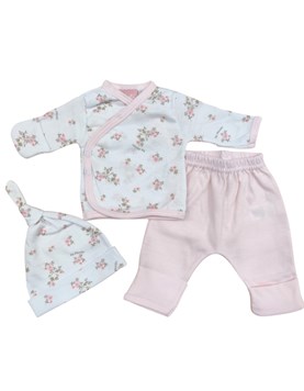 Conjunto de 3 piezas para bebes con patita con batita pantalon guante y gorro estampa florcitas piccolo