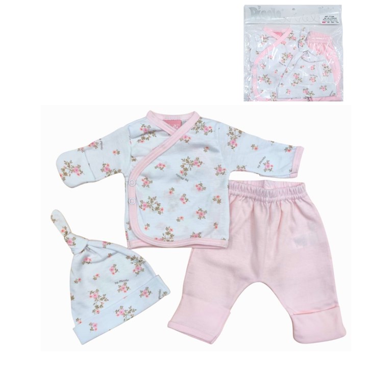 Conjunto de 3 piezas para bebes con patita con batita pantalon guante y gorro estampa florcitas piccolo