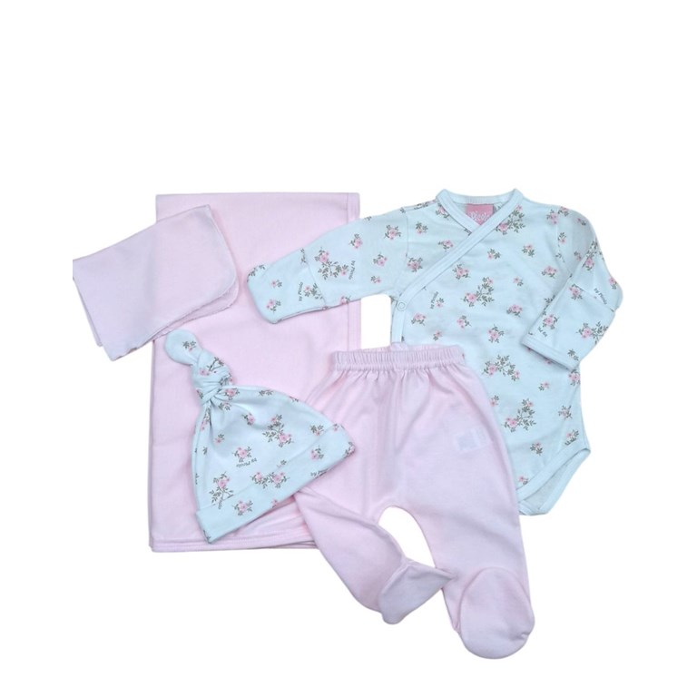 Set de 5 piezas para bebe de mantilla body abierto pantalon gorro y babita piccolo