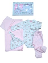 Set de 5 piezas para bebe de mantilla body abierto pantalon gorro y babita piccolo