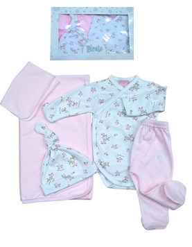 Set de 5 piezas para bebe de mantilla body abierto pantalon gorro y babita piccolo
