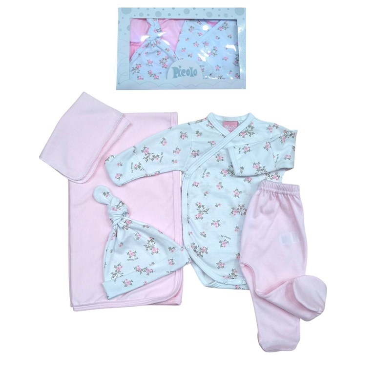 Set de 5 piezas para bebe de mantilla body abierto pantalon gorro y babita piccolo