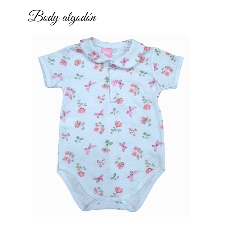 Body manga corta cuello baby, estampa flores y mariposas. Picolo