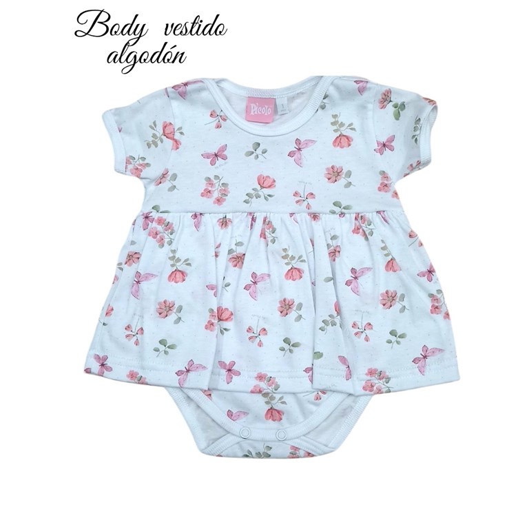 Body manga corta con pollera estampa flores y mariposas. Picolo