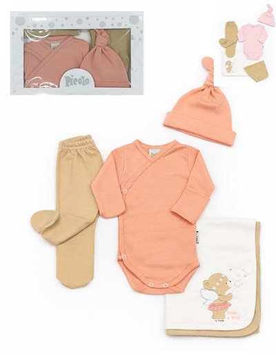 Ajuar 5u Body abto c/ gte - pantalon - gorro - mantilla doble - babita. Picolo