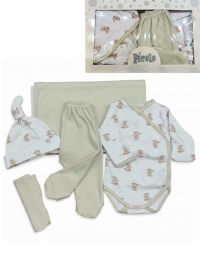 Ajuar 5u Body abto c/ gte - pantalon - gorro - mantilla doble - babita. Picolo
