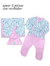 SET AJUAR 5 PIEZAS ALGODON Y JERSEY MANTILLA BATITA CON GUANTE PANTALON CON PIECITOS GORRO Y BABITA ESTAMPADO LIBERTY PICOLO