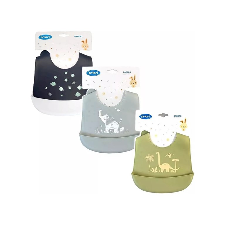 BABERO DE SILICONA PARA BEBES ESTAMPADO CON BOLSILLO CONTENEDOR PRIORI