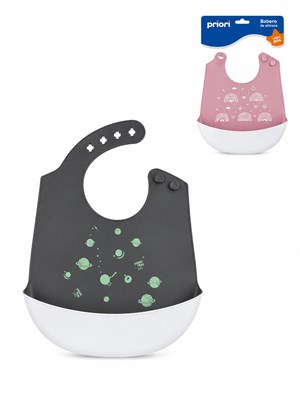 BABERO DE SILICONA PARA BEBES ESTAMPADO CON BOLSILLO CONTENEDOR PRIORI